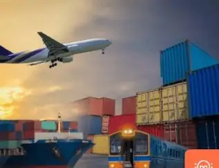Airplane taking off above a container yard