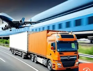 Airplane flying over trucks at a warehouse facility