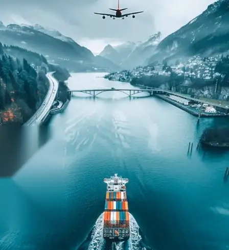 Container ship sailing through a fjord with an airplane overhead